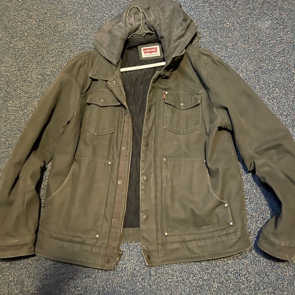 Levi’s Mens Large Trucker Field Jacket with built in hood. Gray/army green - Picture 2 of 3